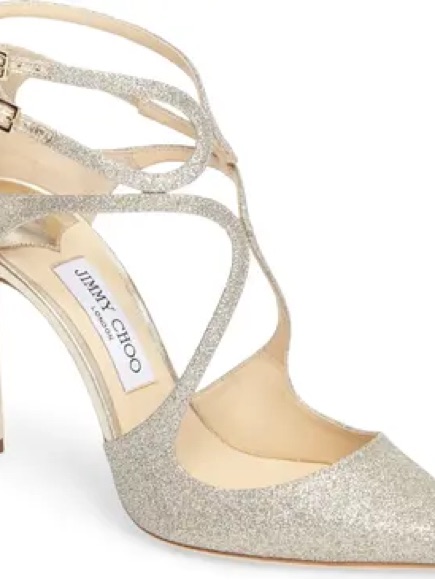 Jimmy Choo Glitter Strappy Pointed-Toe Stilettos In Gold
